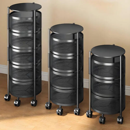 Movable Kitchen Storage Rack 3-5 Tier MeshOrganizer for Kitchen Bathroom & Office Space-Saving 360° Rotating Shelves for Spices FruitsVegetables Toiletries Black Carbon SteelTraditional Basket Smooth Baking No InstallationRequired